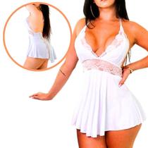 Camisola Sensual com Calcinha Fio Dental em Renda e Lycra Charada Branco