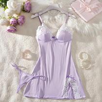 Camisola Sexy De Renda Com Decote Em V Profundo Na Cor Roxo Claro, Conjunto De Lingerie Feminina