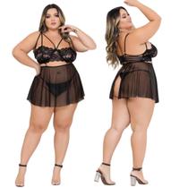 Camisola Sexy lingerie Plus Size renda e tule + Calcinha fio duplo