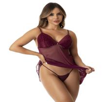 Camisola Sexy Renda Tule Transparente Lua de Mel Baby Doll Vestido de Dormir Com Calcinha