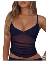 Camisole Top RoseSeek Sheer Mesh com decote em V, regata curta, azul profundo Camisole Top RoseSeek Sheer Mesh com decote em V, regata curta, azul profundo