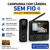 Campainha Com Câmera Sem Fio Tela 4.3 Monitor Interno Sem WiFi Vídeo Porteiro