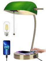 Candeeiro de mesa Newrays Green Glass Bankers com carregador sem fio Candeeiro de mesa Newrays Green Glass Bankers com carregador sem fio