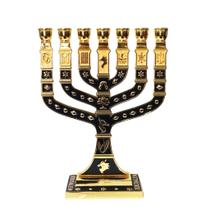 Candelabro Médio de Metal Dourado Esmaltado Azul Escuro - 17 cm