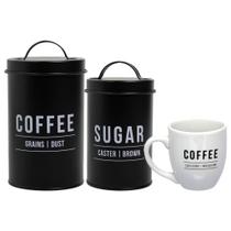 Caneca 300ml De Porcelana Branco + Conjunto de Potes Café & Açúcar Preto Caneca 300ml De Porcelana Branco + Conjunto de Potes Café & Açúcar Preto