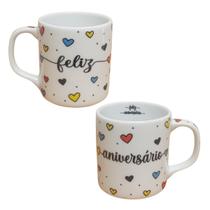 Caneca 300ml Feliz Aniversário - Porcelana Corações C/ Azul