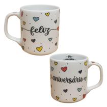 Caneca 300ml Feliz Aniversário - Porcelana Corações C/ Verde