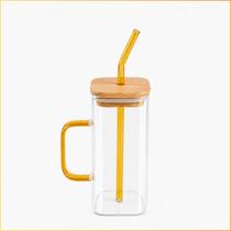 Caneca 350ml Vidro Com Tampa De Bambu E Canudo Colorido Caneca 350ml Vidro Com Tampa De Bambu E Canudo Colorido
