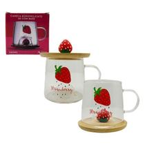 Caneca 3D Morango com Pires e Tampa em Bambu Borossilicato 280ml Allmix