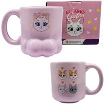 Caneca 3D Pata Gata Gatinhos Eu Amo Gatos Porcelana Rosa 350ml