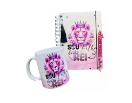 Caneca + Agenda 20 X 14,5 cm Personalizada 2025 Leão Sou Filha do Rei Ele Reina Jesus