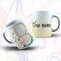 Caneca Alfabeto Floral Glitter Personalizada Com Inicial E Nome Todas As Letras E Nome -OFERTA