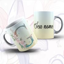 Caneca Alfabeto Floral Glitter Personalizada Com Inicial E Nome Todas As Letras E Nome -OFERTA