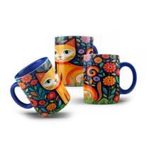Caneca Aquarela Gato Azul Mosaíco Arte Brasileira 325mL