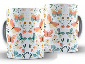 Caneca Borboletas Divertida Porcelana Xícara 325ml + Caixa Presente