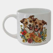 Caneca Branca Bucks de Porcelana 450ML CASAL CACHORROS AMOR FLORES 3
