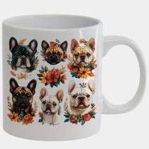Caneca Branca de Porcelana 325ml BULLDOG FRANCES FLORES TURMA