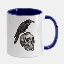 Caneca Branca Interna Azul Marinho de Porcelana 325ml CORVO CRANIO CAVEIRA Caneca Branca Interna Azul Marinho de Porcelana 325ml CORVO CRANIO CAVEIRA