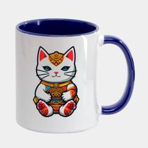 Caneca Branca Interna Azul Marinho de Porcelana 325ml GATO DA SORTE ORIENTAL