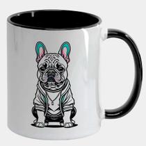 Caneca Branca Interna Preta de Porcelana 325ml BULLDOG SENTADO JAQUETA