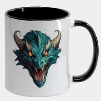 Caneca Branca Interna Preta de Porcelana 325ml DRAGAO VERDE CHIFRE ARTE