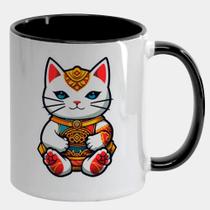 Caneca Branca Interna Preta de Porcelana 325ml GATO DA SORTE ORIENTAL