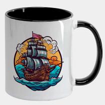 Caneca Branca Interna Preta de Porcelana 325ml NAVIO PIRATA MAR ARTE