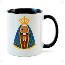 Caneca Branca Interna Preta de Porcelana 325ml Nossa Senhora Aparecida