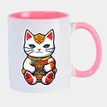 Caneca Branca Interna Rosa de Porcelana 325ml GATO DA SORTE ORIENTAL