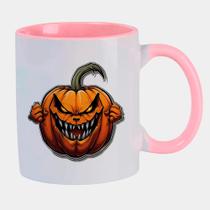 Caneca Branca Interna Rosa de Porcelana 325ml HALLOWEEN ABÓBORA ARTE LARANJA