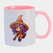 Caneca Branca Interna Rosa de Porcelana 325ml HALLOWEEN BRUXA FOFA LARANJA