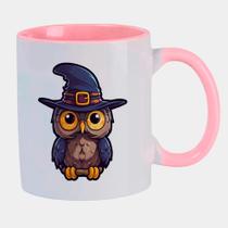 Caneca Branca Interna Rosa de Porcelana 325ml HALLOWEEN CORUJA CHAPEU ROXO