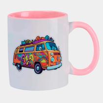 Caneca Branca Interna Rosa de Porcelana 325ml KOMBI HIPPIE COLORIDO ARTE
