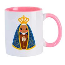 Caneca Branca Interna Rosa de Porcelana 325ml Nossa Senhora Aparecida