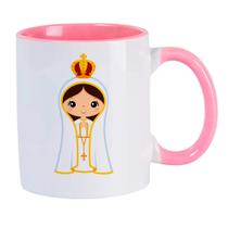 Caneca Branca Interna Rosa de Porcelana 325ml Nossa Senhora de Fatima