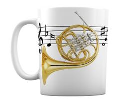 Caneca Branca Notas Musicais Instrumento Trompa Trompista
