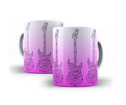 Caneca Branca Porcelana Decorada Guitarra Cor Degradê 325ml + Caixinha