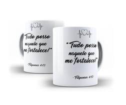 Caneca Branca Porcelana Decorada Mensagem Bíblica Filipenses 4:13 - 325 ml + Caixinha