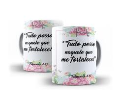 Caneca Branca Porcelana Decorada Mensagem Bíblica Filipenses 4:13 - 325 ml + Caixinha