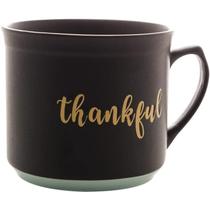 Caneca Café Chá Chocolate Quente de Cerâmica Thankful Preto Matt Azul 660ml Bon Gourmet Mesa Posta