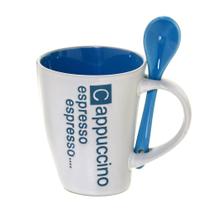 Caneca Cappuccino com colher 325ml Azul e branco 11cm