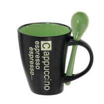 Caneca Cappuccino com colher 325ml verde e preto 11cm - Espressione