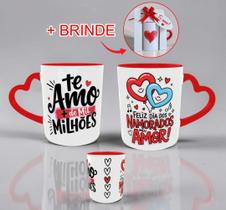 Caneca Casal Apaixonados Presente Criativo Dia Dos Namorados Alça de Coração