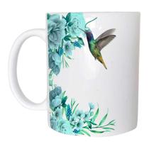 Caneca Cerâmica 325ML Beija Flor e Floral verde tiffany