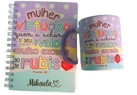 Caneca Cerâmica + Agenda 20 x14,5cm Mulher Virtuosa quem Acharás Seu Valor excede ao de Rubis