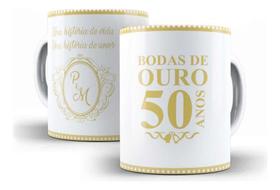 Caneca Cerâmica Bodas Ouro 50 Anos Casamento Felicidade 2045 - Los Kanequeiros
