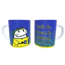 Caneca cerâmica Café & Foco & Futebol! azul e amarelo
