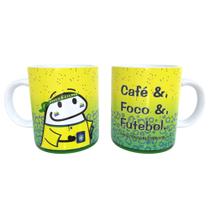 Caneca cerâmica Café, Foco & Futebol! verde e amarelo