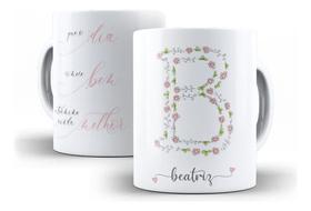 Caneca Cerâmica Letra Nome Floral Personalizada Flores