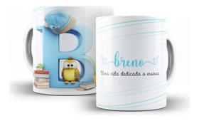 Caneca Cerâmica Personalizada Nome Professor Coruja Letra